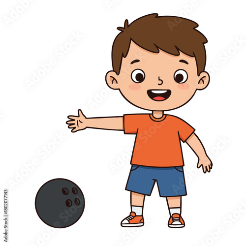 Young boy playing bowling with a black bowling ball in a cheerful and colorful setting 