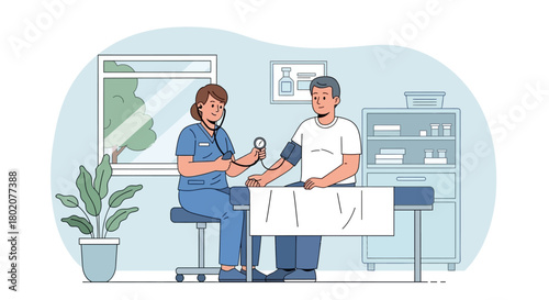 Nurse is taking patients blood pressure in doctors office, with medical equipment and window visible in the, depicting routine health checkup and patient care