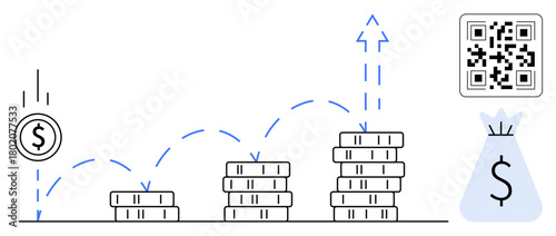 Stacked coins with upward arrow, falling coin, money bag, and QR code illustrating financial growth, investment returns, monetary success. Ideal for fintech, wealth management, business strategy