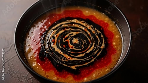 Delicious Ramen Bowl with Swirl of Chili Oil in Black Bowl Close Up