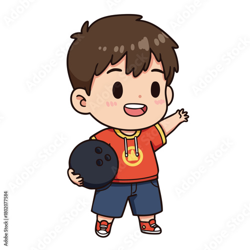 Cheerful cartoon boy holding a bowling ball, perfect for sports-themed designs and activities 