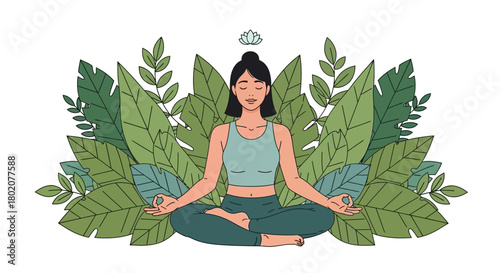 Woman meditates in lotus position surrounded by lush green leaves, with her eyes closed and serene expression, symbolizing peace and nature