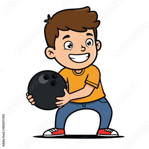 Boy joyfully preparing to bowl with a bowling ball in his hands for a fun day at the bowling alley 