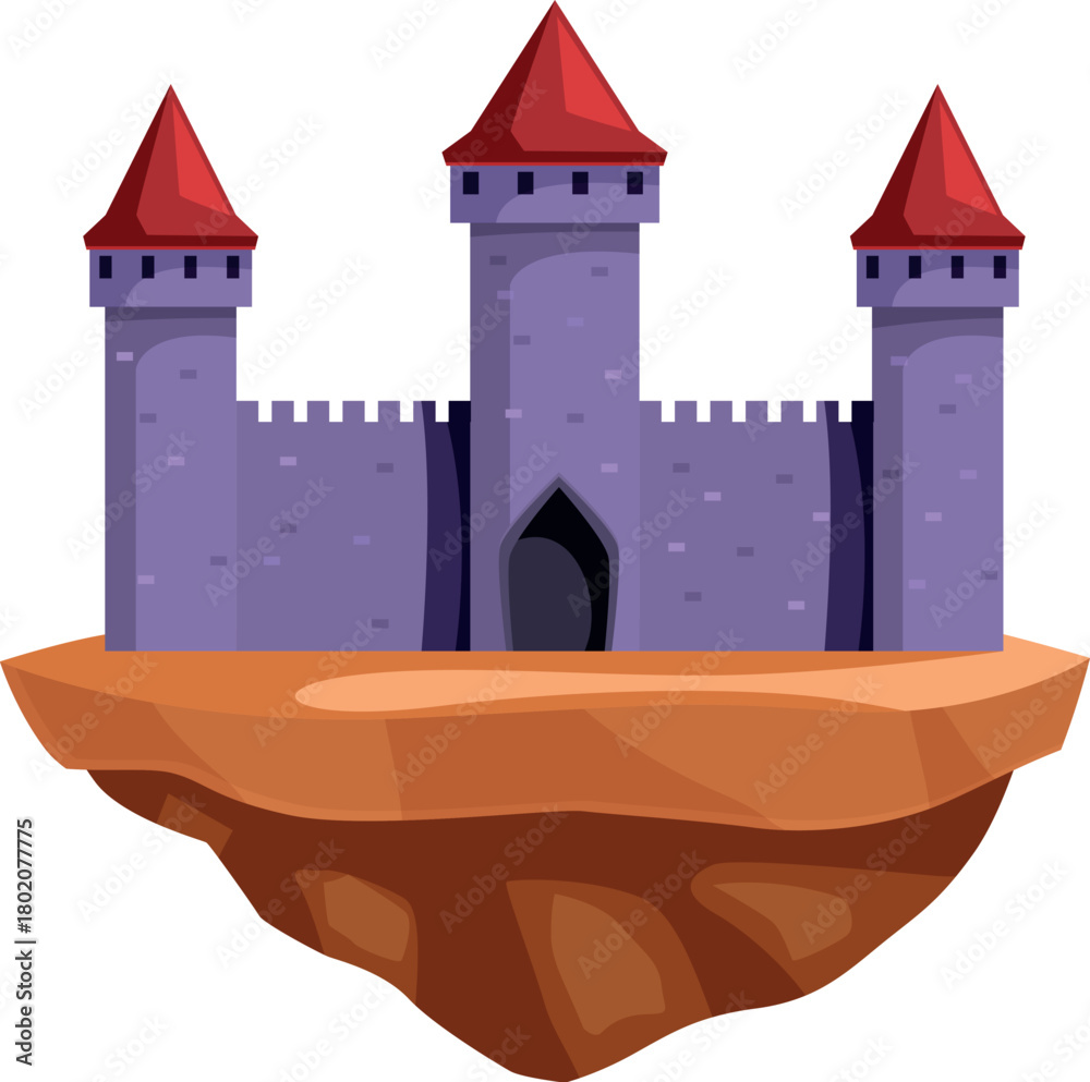 Naklejka premium Cartoon illustration of a medieval castle on a floating rock, isolated on white