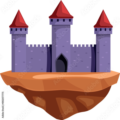 Cartoon illustration of a medieval castle on a floating rock, isolated on white