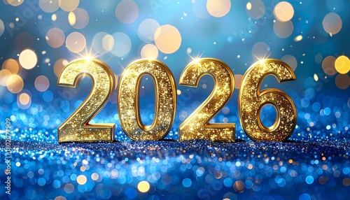 Giant, sparkling gold '2026' numbers standing on a reflective, glittery royal blue surface, surrounded by bright bokeh lights and golden New Year's Eve fireworks. (188 characters)