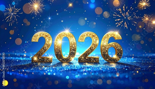 Giant, sparkling gold '2026' numbers standing on a reflective, glittery royal blue surface, surrounded by bright bokeh lights and golden New Year's Eve fireworks. (188 characters)