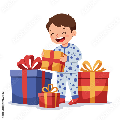 Child joyfully opening colorful birthday presents in festive pajamas at a cheerful celebration 