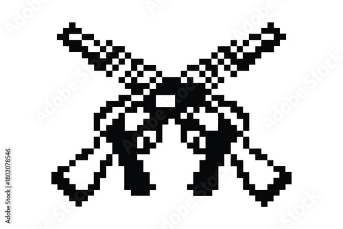 Pixelated crossed pistols emblem provides a bold, digital vintage firearm aesthetic