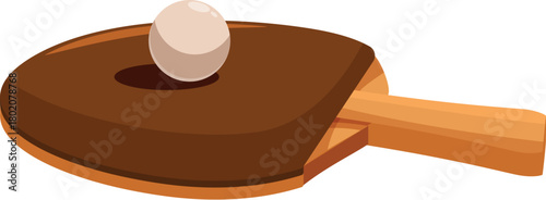 Brown ping pong paddle lying with a white ball resting on top, ready for a game