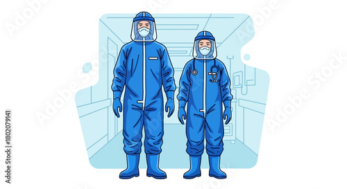 Two medical professionals in full blue hazmat suits with respirators and face shields, standing in sterile hallway, ready to combat pandemic or hazardous situation