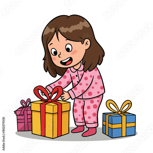 Child unwrapping gifts in festive pajamas during a joyful celebration at home 