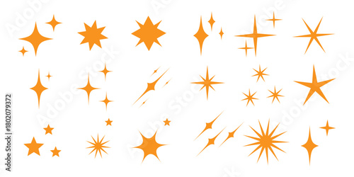 Collection of different vector sparkling stars icon, decorative twinkle and bursts forms, abstract shining flash symbols, glowing light effect, y2k style basic shapes geometric graphic elements