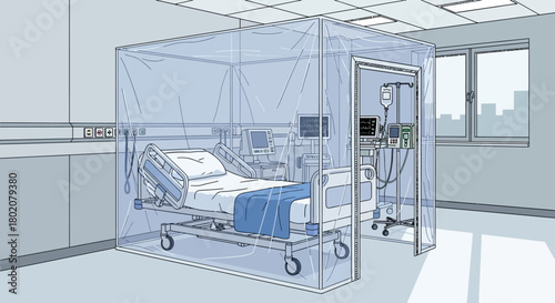 Isolation room in hospital ward, featuring patient bed surrounded by medical equipment within transparent protective enclosure, emphasizing infection control and patient safety measures