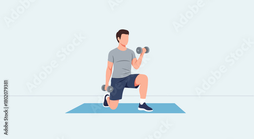 Man performing dumbbell curls while in lunge position on yoga mat, demonstrating strength training exercise for building bicep muscles and improving fitness