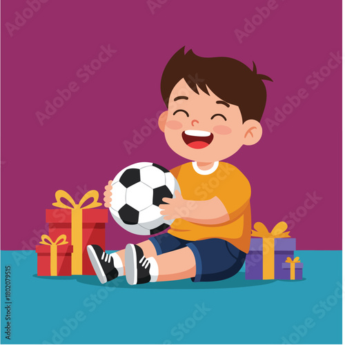 Happy child celebrating birthday with soccer ball and gifts in colorful setting 