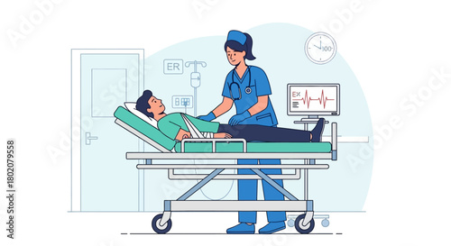 Nurse attending to patient lying on hospital gurney, with medical equipment and monitors in the, illustrating patient care