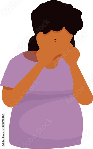 Pregnant woman suffering from perinatal depression, covering her face with hands