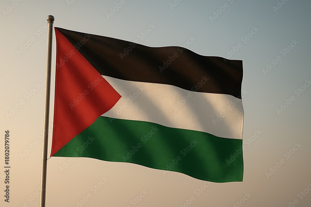 Fototapeta premium Waving Palestinian flag, clean gradient sky backdrop.