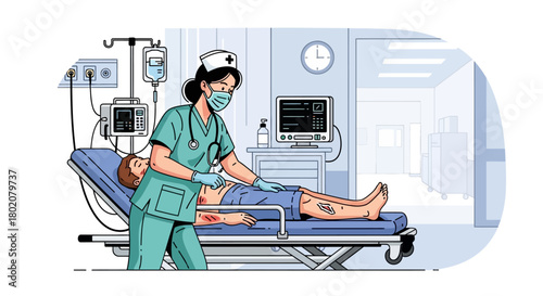 Nurse in protective gear attends to patient on gurney in hospital room, with medical equipment nearby