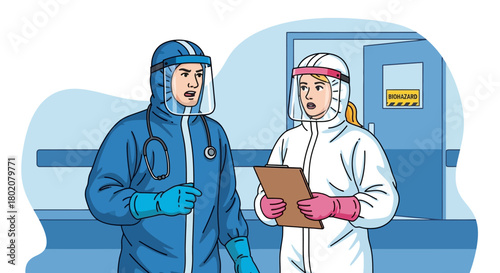Two medical professionals in full hazmat suits and face shields converse in hospital corridor, appearing concerned