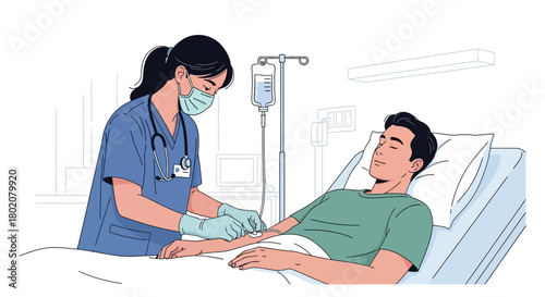 Nurse wearing mask and gloves administering an intravenous iv drip to male patient lying in hospital bed, depicting medical treatment, patient care, and healthcare professional at work