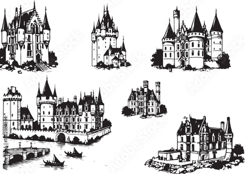 Loire Valley Castles. Hand drawn set.