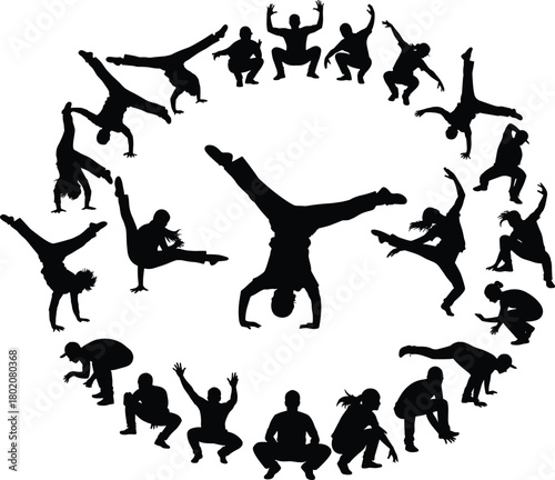 Set of black silhouettes, collection of breakdance b-boy poses, hip hop dancers in a circle, handstand freeze, street dance frame, isolated vector illustration.
