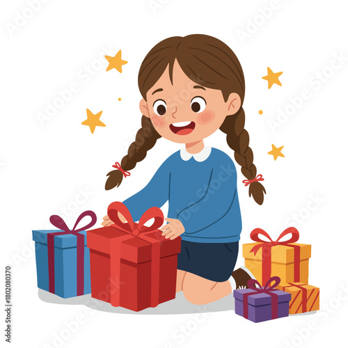 Girl excitedly opening gifts during special birthday celebration with colorful presents around her 