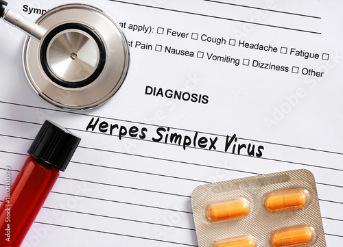 Doctor diagnosing herpes simplex virus with stethoscope, medication and blood sample