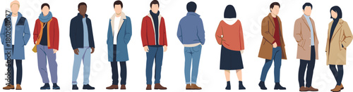 20-Word Title: Set of diverse people in stylish winter coats, men and women standing in a row wearing warm autumn outerwear collection.