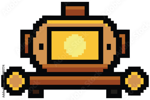 Pixelated diving helmet with a golden tint and a light reflection appears centered