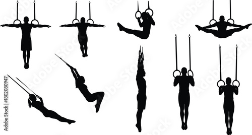 Set of black silhouettes, collection of gymnasts, man and woman exercising on gymnastic rings, fitness workout poses, iron cross, L-sit, isolated vector illustration.
