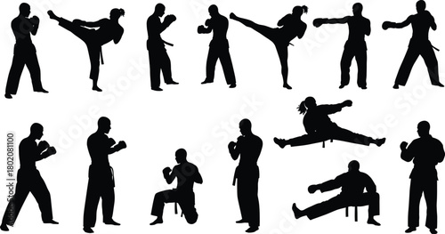 Set of black silhouettes, collection of martial arts fighters, man and woman in karate and kickboxing poses, kicking, punching, stretching, isolated vector.