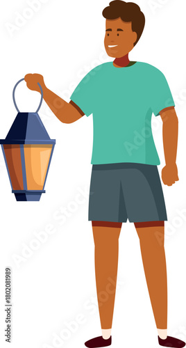 Young man holding a luminous lantern, providing light and guidance in the darkness