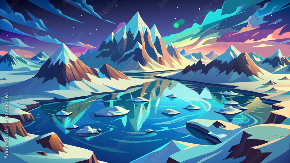 Obraz premium Aerial panorama of snow-covered mountains surrounded by shimmering ice water, glowing under pale northern light