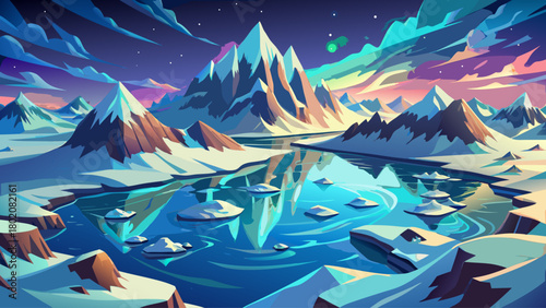 Aerial panorama of snow-covered mountains surrounded by shimmering ice water, glowing under pale northern light