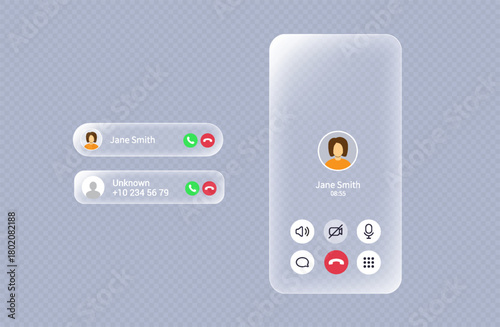 Liquid glass call screen interface, incoming push notification interface. Video call screen mockup with sound button, message and mic icons, vector illustration. Smartphone light frame, glow effect.