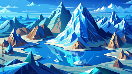 Aerial view of frozen mountain peaks rising above crystal-blue icy waters under soft winter sunlight