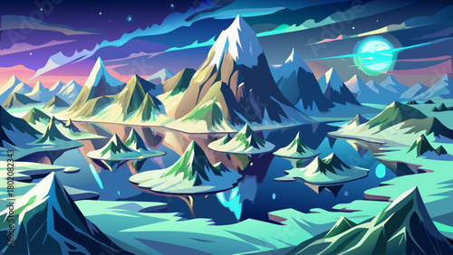 Aerial panorama of snow-covered mountains surrounded by shimmering ice water, glowing under pale northern light