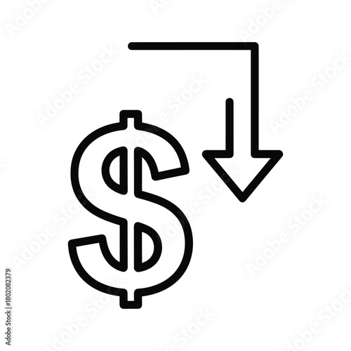 Dollar sign with downward arrow indicating financial loss or cost reduction