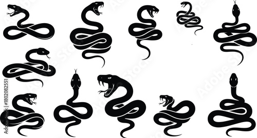 Set of black silhouettes, collection of snakes, vipers, and cobras, coiled reptile poses, striking dangerous animal icon, isolated vector illustration set.