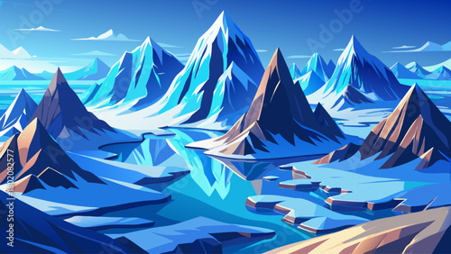 Aerial view of frozen mountain peaks rising above crystal-blue icy waters under soft winter sunlight