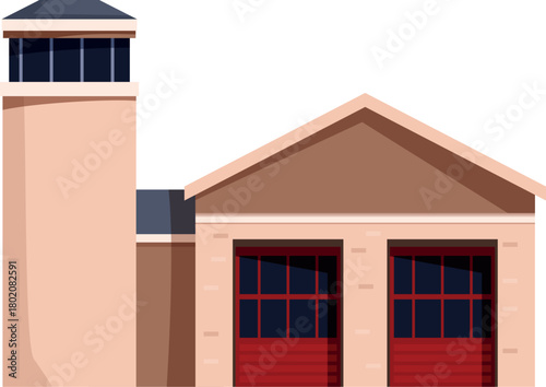Fire station building featuring red garage doors and a watchtower, prepared for emergency response and fire fighting