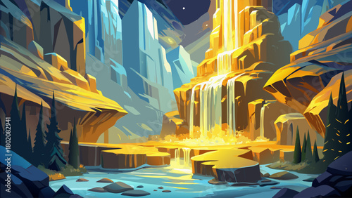 A breathtaking icy waterfall illuminated by golden light, with shimmering frost, crystal textures, and a serene atmosphere filled with warmth and beauty