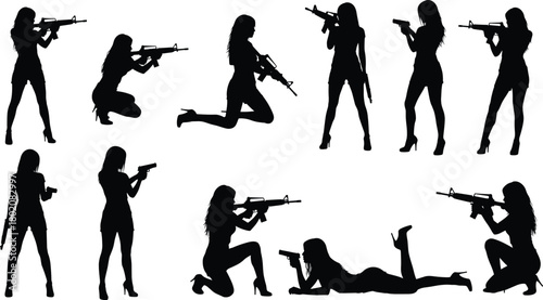 Set of black silhouettes, collection of woman spy or agent, holding guns, assault rifle, and pistol, sexy action poses in high heels, isolated vector illustration.