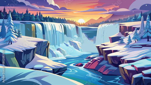 A breathtaking winter scene of Niagara Falls surrounded by thick snow, glittering ice structures, frozen mist layers, and a serene pale sky, capturing the powerful yet peaceful beauty of the frozen