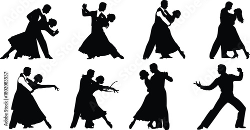 Set of black silhouettes, couples dancing ballroom and latin dance, elegant tango, waltz, salsa poses, vector illustration isolated.