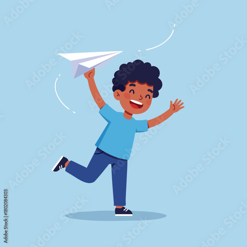 Boy joyfully playing with a paper airplane in a blue background illustration, perfect for childrens themes and activities 