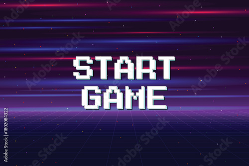 START GAME. Retro Futurism Sci-Fi Background. glowing neon grid and star from vintage arcade computer games